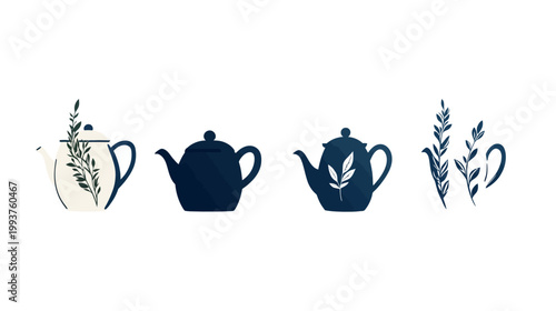 Stylized tea kettles and botanical sprigs in a minimalist graphic arrangement, against white