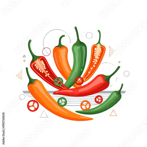 A vibrant illustration of various colorful chili peppers, including whole and sliced red, orange, and green peppers, with seeds visible, set against a minimalist geometric background.