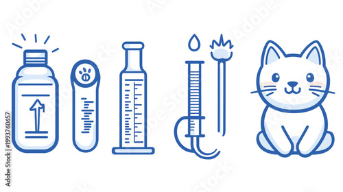 Blue outlined illustration depicting scientific tools alongside a cute cat icon