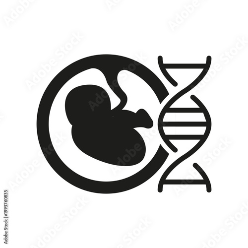 Genetic testing fetus DNA icon. Simple black prenatal genetics icon with embryo and DNA strand for medical research and healthcare design. Vector illustration.