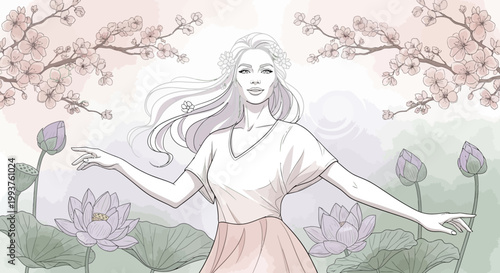 Woman in Nature with Flowers Blossoming.