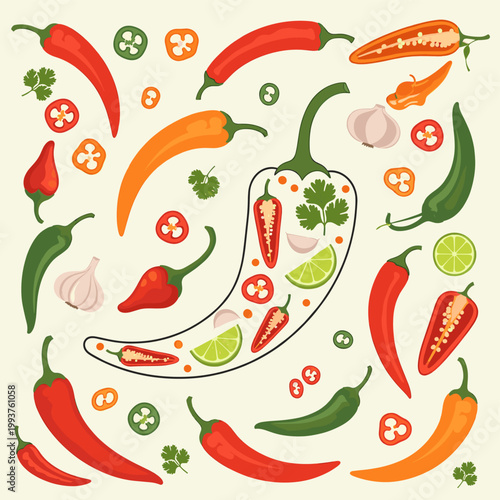 A vibrant flat lay illustration of various chili peppers, whole and sliced, with garlic, lime, and cilantro on a light background.
