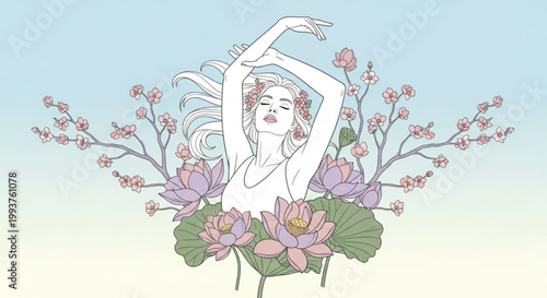 Woman in floral peaceful serene nature.