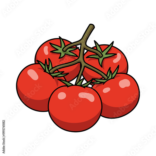 A vibrant cluster of five ripe red tomatoes still attached to their green vine.