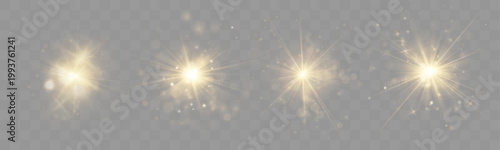 Set of star burst effects glows in dark cosmic field. Gentle spark particles form dreamy visual mood. Vector collection for creative projects.