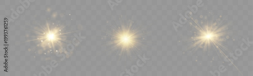 Collection of golden flare lights radiates soft glow. Dust particles float in cinematic atmosphere. Vector set for background design.