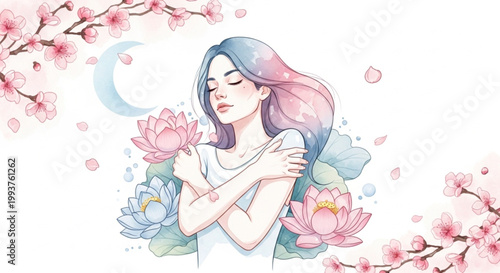 Serene woman with flowers and moon.