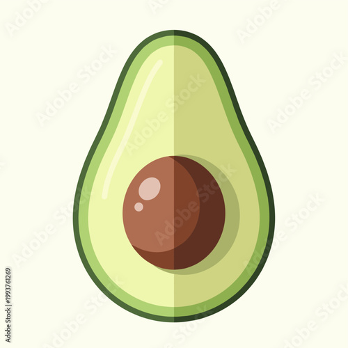 A vibrant, stylized illustration of a halved avocado with its large brown seed prominently displayed.