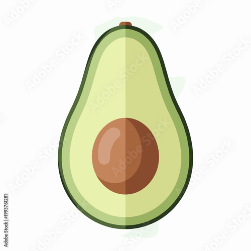 A vibrant illustration of a ripe avocado cut in half, revealing its smooth green flesh and large brown seed.