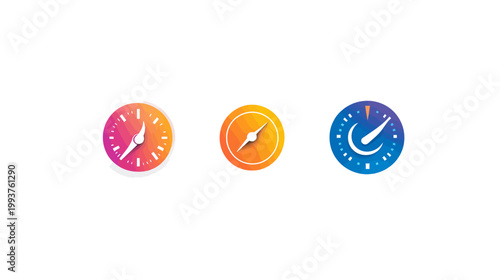 Three gradient-filled circular icons on white background, each with a compass-like pointer