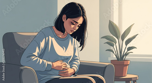 Woman sitting on sofa with stomach pain.