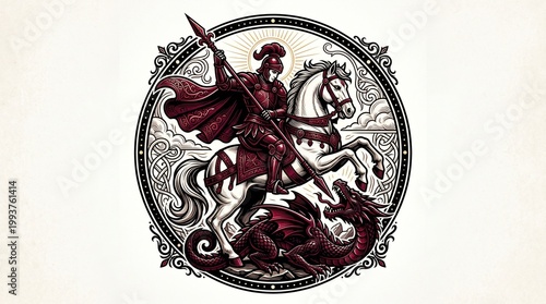 Saint George Slaying the Dragon Vintage Engraving Style Illustration with Ornate Medieval Design