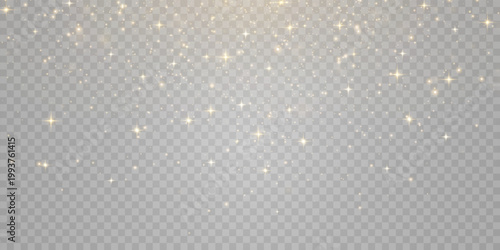 Sparkling gold glitter dust overlay. Realistic light particles, magical golden pollen and shining sequins on transparent background.