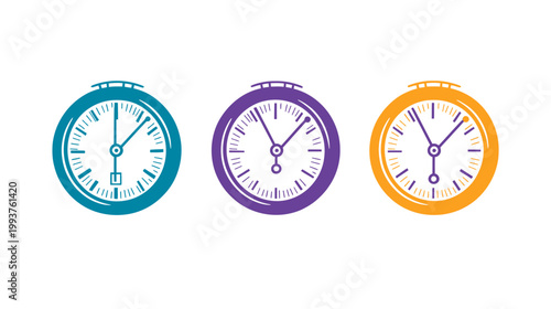 Three colorful timer illustrations, a cyan, purple, and orange watch design on a white background