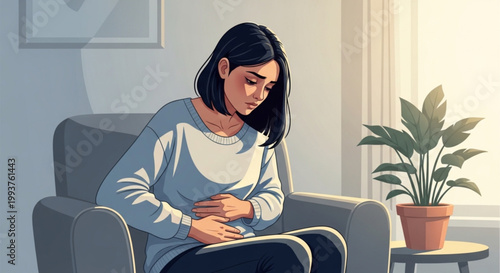 Woman experiencing stomach pain at home.