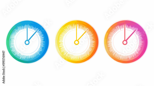 Three colorful analog clocks with gradient effects. Each has hands pointing to different times, isolated