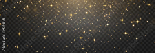 Sparkling gold glitter dust overlay. Realistic light particles, magical golden pollen and shining sequins on transparent background.