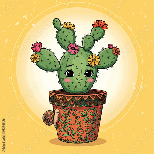 A cute cartoon prickly pear cactus with flowers in a decorative pot with a snail.