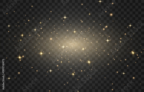 Sparkling gold glitter dust overlay. Realistic light particles, magical golden pollen and shining sequins on transparent background.