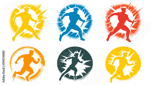 A stylized image features six variations of a running figure inside a burst circle design