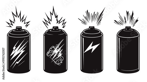Four stylized spray paint cans with bursting energy lines above, in a black and white illustrated style