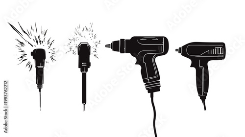 Silhouetted illustration of tools sparking probes, a corded drill, and an impact driver