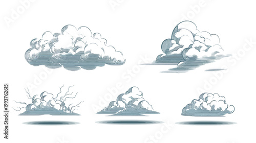 A collection of five textured illustrations of clouds in various shapes and sizes, on a white background