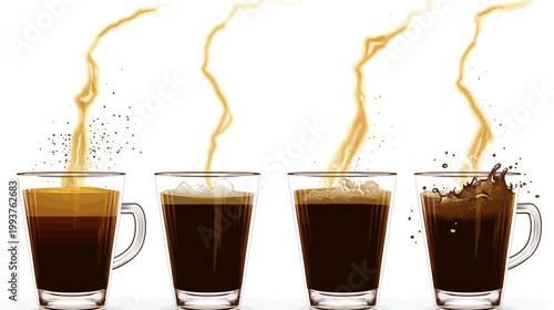 Four stages of coffee pouring into glasses, depicting the process with steam and splash effects