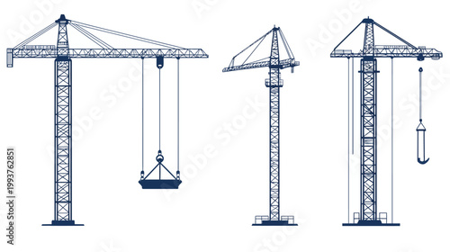 Three stylized, dark blue construction cranes against a white background, in various perspectives