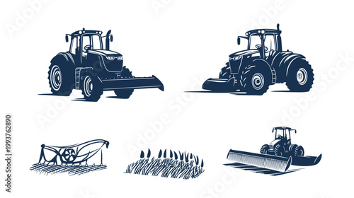 Several tractors and farming implements in a navy blue silhouette on white background