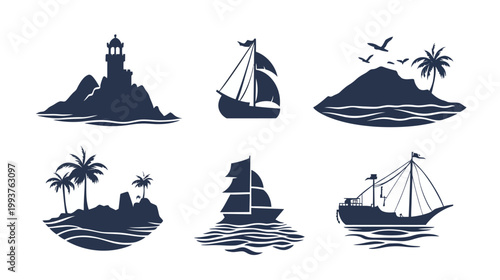 Collection of stylized illustrations featuring maritime elements. Showcasing sailboats, islands, and a lighthouse