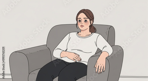 Woman sitting on a gray sofa.