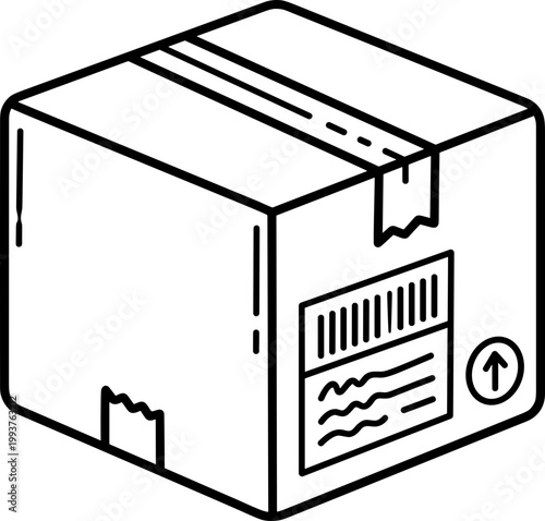 Empty cardboard box with delivery label on white background
