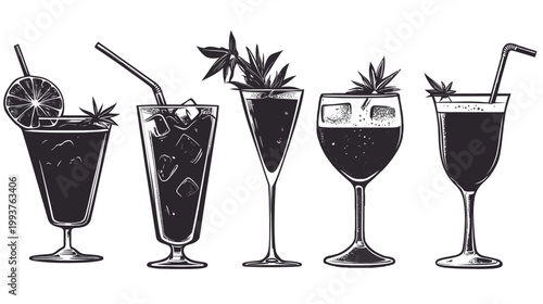 Stylized, black and white illustrations of five different cocktails, each with unique garnishes and glassware