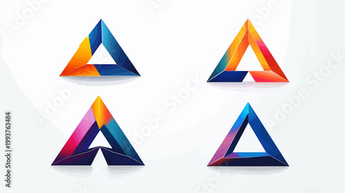 Four colorful, stylized triangle shapes with geometric designs. Soft shadows on a white background