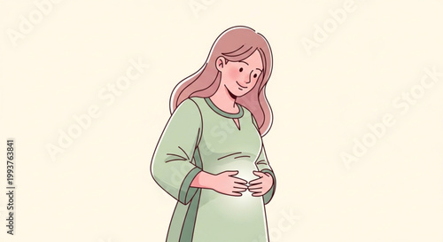 Pregnant woman holding her belly gently.