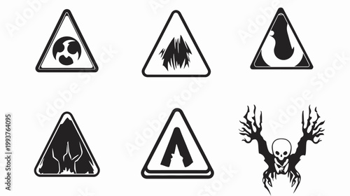 Six monochrome hazard signs, including biohazard, brush, fire, cracks, inverted V, and a skeletal figure