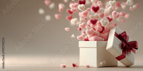 Romantic pastel white present with flowing red, pink hearts and glitter, magical falling love confetti ideal for Valentine's greeting cards and invitations