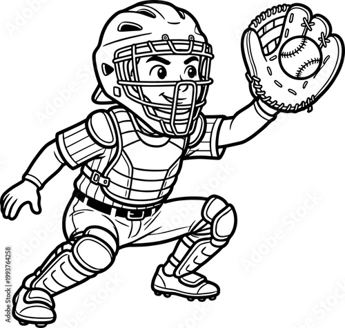 catcher catches the ball line vector illustration isolated on white background