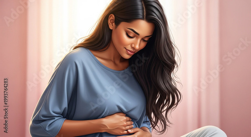 Woman Unbuttoning Her Blue Top.