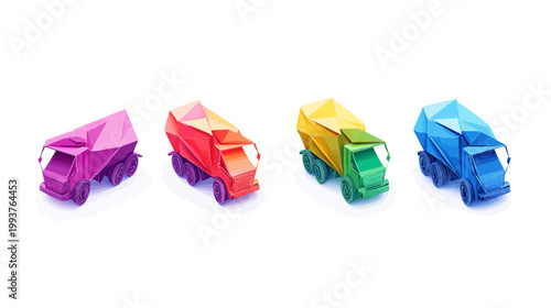 Four colorful, stylized concrete mixer trucks in a low-poly geometric style, white background