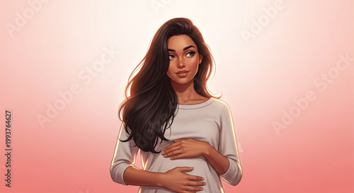 Pregnant woman with long brown hair.