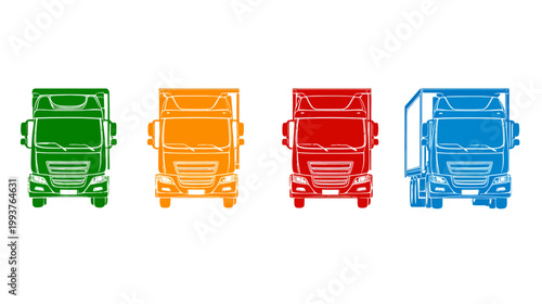 Colorful illustrations of semi-trucks in green, orange, red, and blue from a frontal perspective