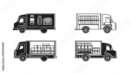 Four black and white illustrations of delivery trucks showing different cargo and interior designs