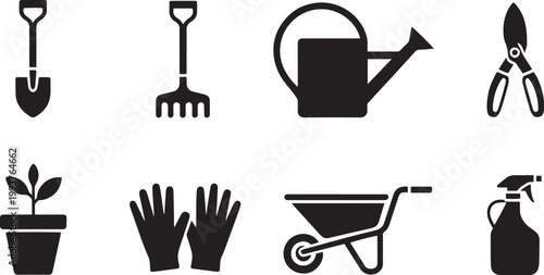 Gardening tools silhouette collection spades forks watering cans and more