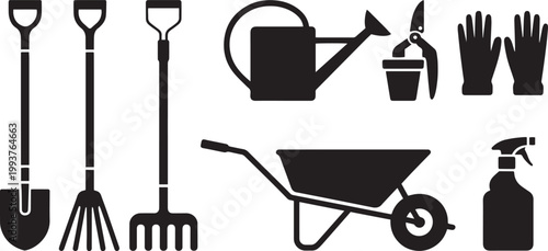 Gardening tools silhouette collection shovels rakes watering can wheelbarrow and gloves