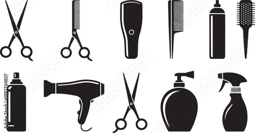 Black silhouette of hairdressing tools scissors combs and styling products collection
