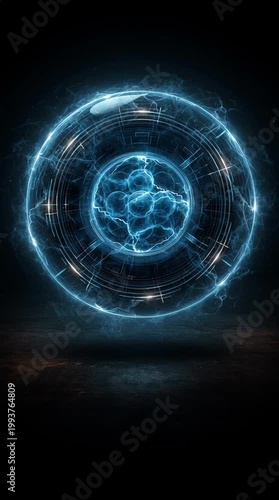 Futuristic nuclear energy concept with a glowing reactor sphere, blue energy pulses, clean modern design, set against a minimal dark background, emphasizing high-tech sustainability and precision.