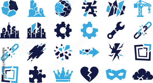 Photos Blue and dark blue abstract icons showing destruction construction and broken elements