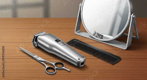 Grooming tools on wooden table.